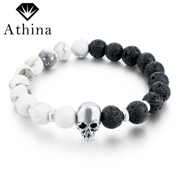 Newest 8mm Natural Stone Skull Bracelets & Bangles For Women Lava Beads Elastic Bracelets for men Unisex Jewelry Accessories