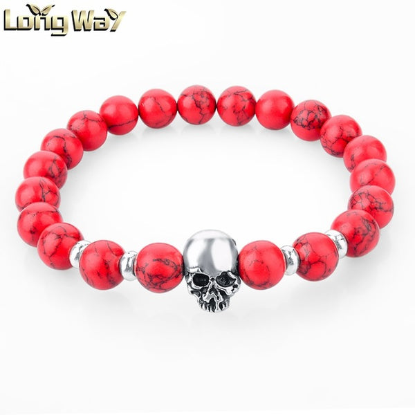 Newest 8mm Natural Stone Skull Bracelets & Bangles For Women Lava Beads Elastic Bracelets for men Unisex Jewelry Accessories