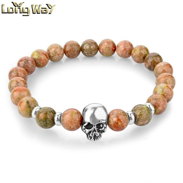Newest 8mm Natural Stone Skull Bracelets & Bangles For Women Lava Beads Elastic Bracelets for men Unisex Jewelry Accessories