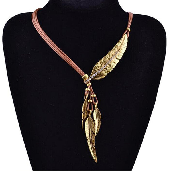 Collier Femme Feather Necklaces & Pendants Rope Leather Vintage Maxi Colar For Statement Necklace Women Fashion Jewelry Bijoux