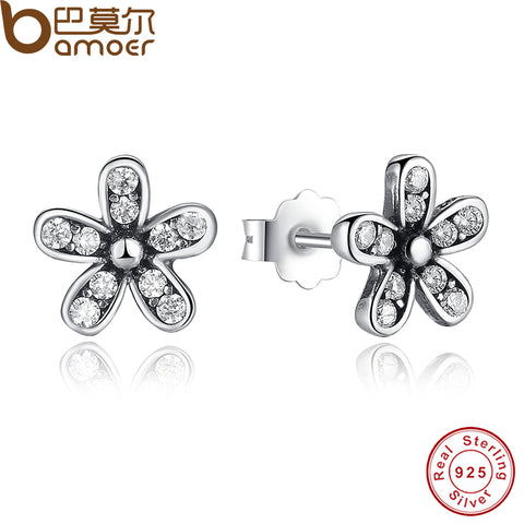 BAMOER Authentic 925 Sterling Silver Dazzling Daisy Stud Earrings With Clear CZ Jewelry Special Store PAS403