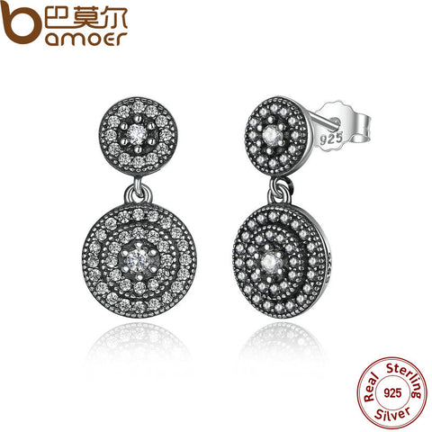 BAMOER 925 Sterling Silver Radiant Elegance Earrings Clear CZ Crystals Surrounded Ancient Silver Women Drop Earrings PAS471