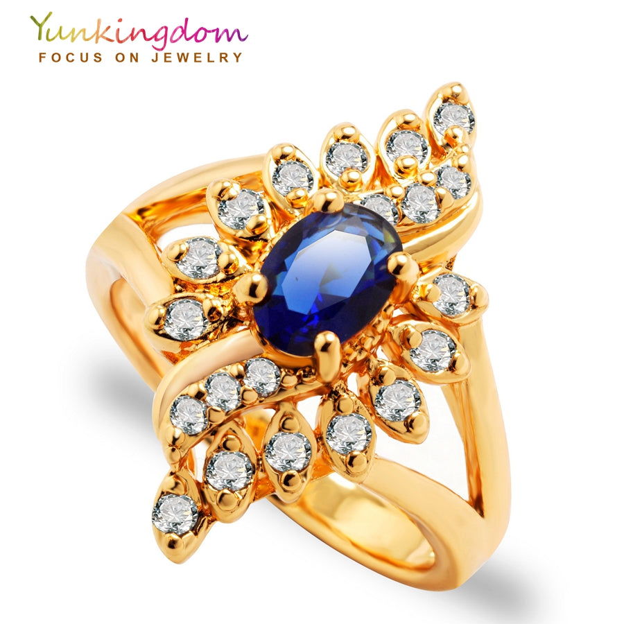 Yunkingdom Unique Design Anniversary Wedding Rings for women Blue Crystal Fashion Jewelry Wholesale Christmas Presents