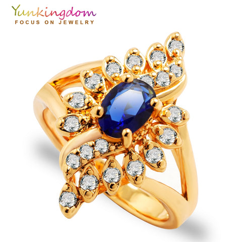 Yunkingdom Unique Design Anniversary Wedding Rings for women Blue Crystal Fashion Jewelry Wholesale Christmas Presents