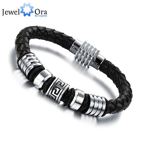 185mm 200mm 215mm Fashion Stainless Steel Genuine Leather Bracelets & Bangles Men Jewelry Gift Ideas For Men (JewelOra BA101170)