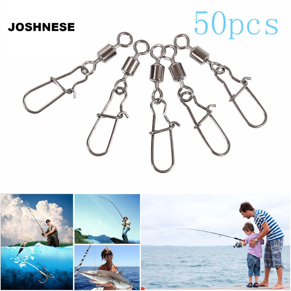 JOSHNESE 50pcs/lot Fishing Ball Bearing Rolling Swivel Steel Alloy With Snap Fishhook Lure Connector Fish Hook Tackle