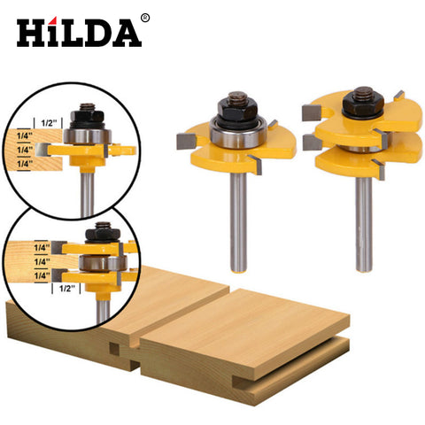 HILDA 1Set Tongue & Groove Router Bit Set 3/4" Stock 1/4" Shank 3 Teeth T-shape Wood Milling Cutter Flooring Wood Working Tools