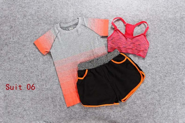 ALBREDA Women Yoga Sport Suit Bra Set 3 Piece Female Short-sleeves Summer Outdoor perspiration wicking Sportwear Running Clothes