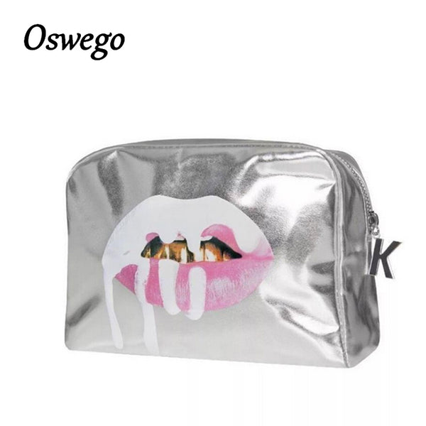 2017 Fashion Bling Bling Silver Lip PU Leather Toiletries Bag Zipper Storage Pouch Portable Women Travel Cosmetic Bag Kosmetikum