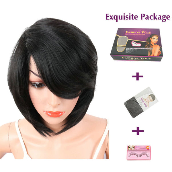 Deyngs Short Straight Synthetic Side Parting Bob Wigs With Bangs For Black Women Brazilian Hairstyle Natural Heat Resistant Hair