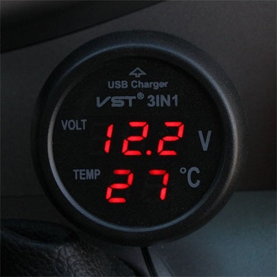 3 in 1 Digital LED car Voltmeter Thermometer Auto Car USB Charger 12V/24V Temperature Meter Voltmeter Cigarette Lighter