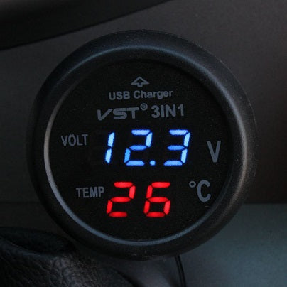3 in 1 Digital LED car Voltmeter Thermometer Auto Car USB Charger 12V/24V Temperature Meter Voltmeter Cigarette Lighter
