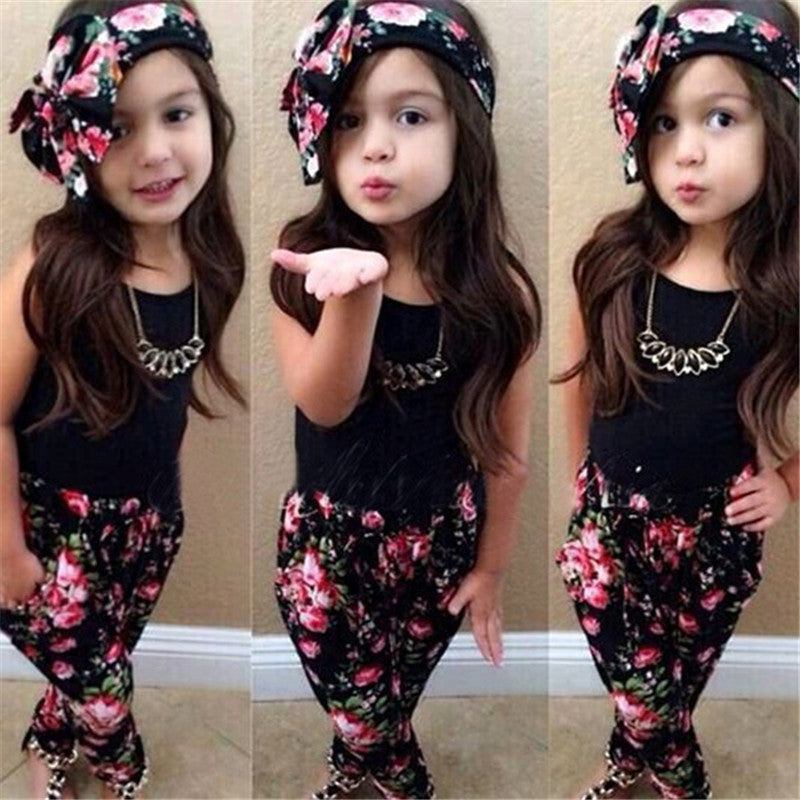 Hot Time-limited Stylish Girls Sport Cute Clothes Sleeveless Shirt+ Floral Pants Headband 3pcs Vogue Baby Clothing For 2-7y