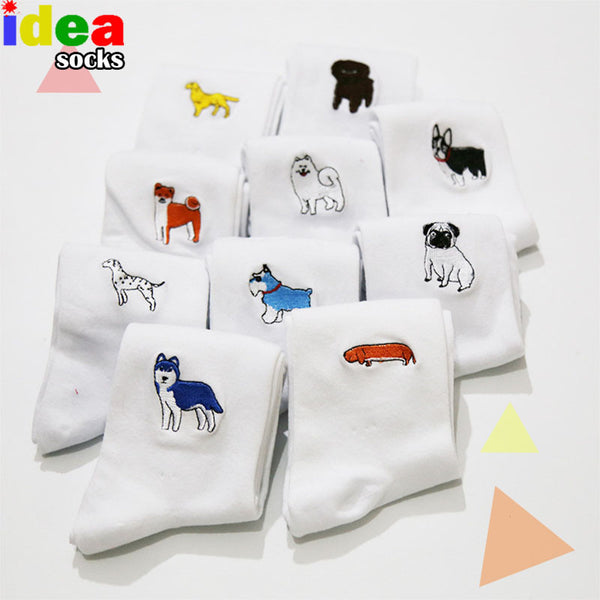 cute animal husky embroidery women cotton white socks lovely dog Jacquard female pure color socks funny kawaii pug meias soks