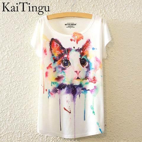 KaiTingu 2016 Brand New Fashion Summer Harajuku Animal Cat Print Shirt O-Neck Short Sleeve T Shirt Women Tops White T-shirt