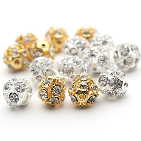 30pcs/lot  6mm/8mm/10mm Gold/Silver Round Pave Disco Ball Beads Rhinestone Crystal Spacer Beads for DIY Jewelry Findings F2419