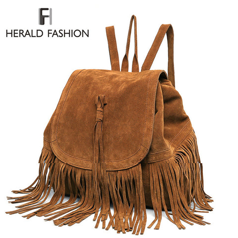 Casual Women Backpack Mini Tassels Rucksack Fashion Solid Women Shoulder Bag Satchel Faux Suede Leather Mochilas School Bag