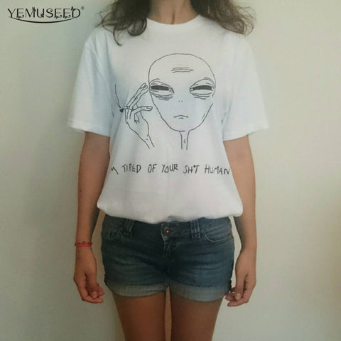 New Women Tshirt 18 Style Smoking Alien Print Funny Casual ET T-shirt For Lady White Plus Size Top Tees Hipster