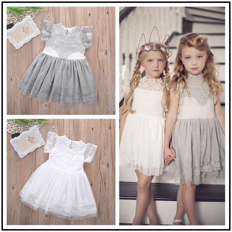 Girls Kid Baby Princess Dresses 2016 New Children Flower Party Clothing Lace Gray Pink White Floral Tulle Tutu Dress Girl Summer