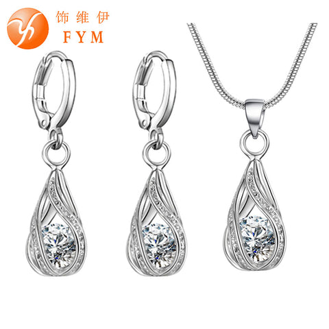 5 Colors Water Drop Pendent Transparent Zircon Cubic Snake Chain Necklace Earrings Jewelry Set for Women Bridal Wedding Party