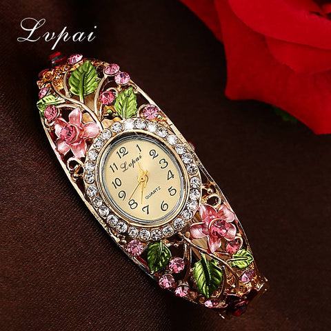 Lvpai Fashion Gold Watches Bracelet Watch Women Flower Gemstone Classic Alloy Wristwatch Women Dress Watches New Quartz Watch