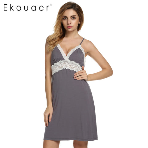 Ekouaer Brand Spring Autumn Nightgown Women Sexy Spaghetti Strap Lace Patchwork Lingerie Dress Sleepwear Sleepshirts Size S-XL