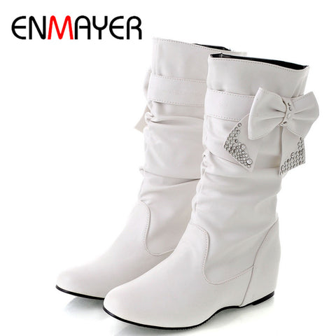 ENMAYER New Women Spring and Autumn Bowtie Charms Flats Boots Shoes Woman Mid-calf 4 Colors White Shoes Boots Large Size 34-47
