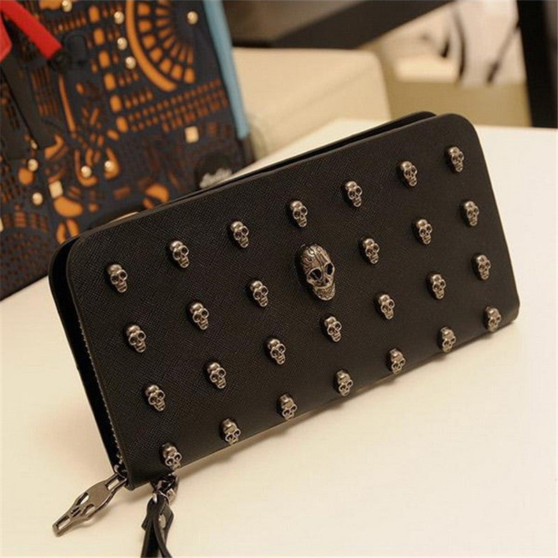 2016 Hot Sale Women Wallets Metal Skull Wallet Card Purse Leather Wristlet Portefeuille Handbags Carteira Feminina