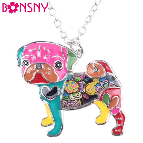 Bonsny Statement Metal Alloy Enamel Pug Dog Choker Necklace Chain Collar Bulldog Pendant 2016 Fashion New Enamel Jewelry  Women