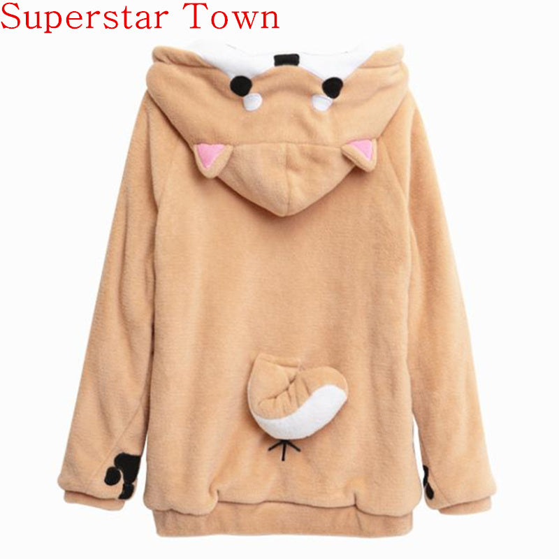 Harajuku Japanese Kawaii Hoodies Women Sweatshirts With Ears Cute Doge Muco Winter Plush Lovely Muco ! Anime Hooded Hoodies