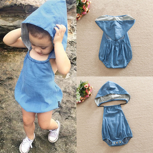 2016 Newborn Kids Baby Girls Infant Clothes Hooded Cute Cotton Backless Rompers Summer Denim Jumpsuit Summer Clothing