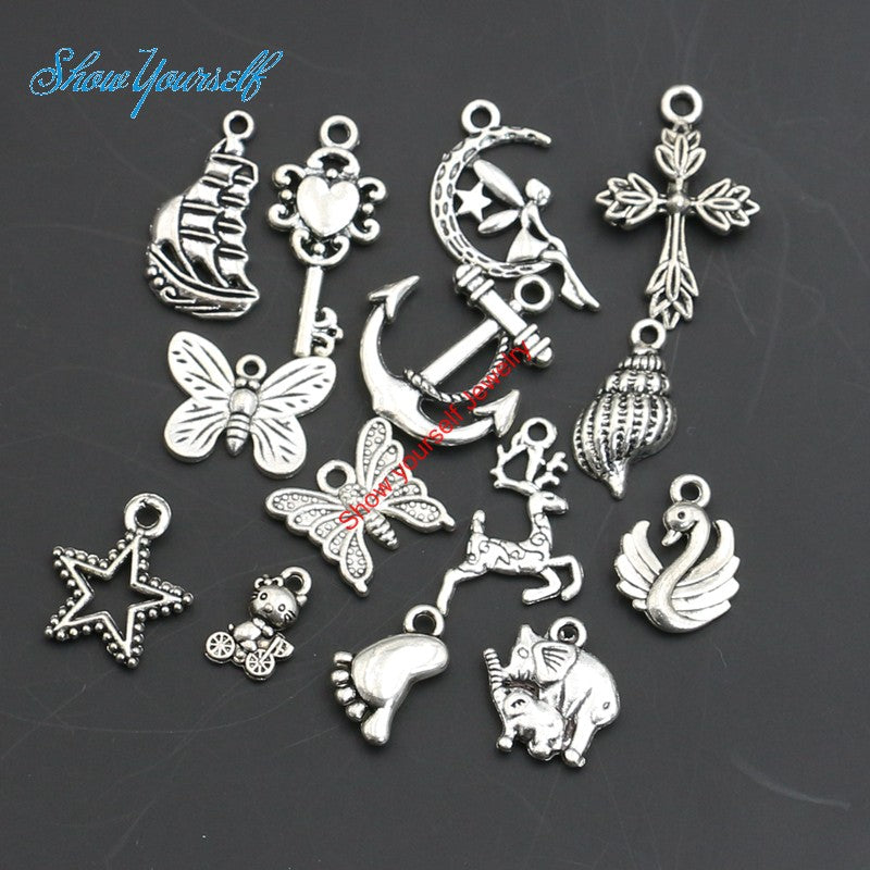 Mixed Antique Silver Plated Cross Anchor Butterfly Angel Star Charms Pendants for Necklace Jewelry Making DIY Handmade Craft