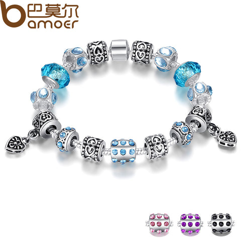 BAMOER Hot Sell European Style Silver Crystal Charm Bracelet for Women With Blue Murano Glass Beads Jewelry PA1394