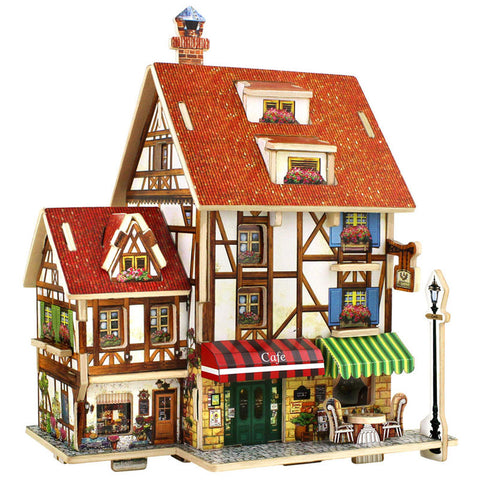 DIY Educational 3D Wood Houses Puzzle Kids Wooden Toy House Coffee Lodge House Home Puzzle Model House