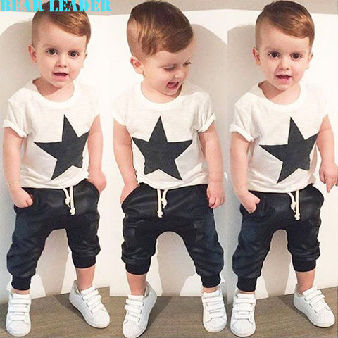 Bear Leader Baby Clothing Sets 2016 Summer Style Baby Girls Boys Clothes Black Letter T-shirt+Imitation cowboy pants 2pcs suit