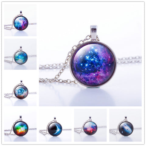Nebula Space Pendant Necklace Glass Cabochon Sliver Chain Vintage Choker Statement Necklaces Fashion Women Jewelry Gift
