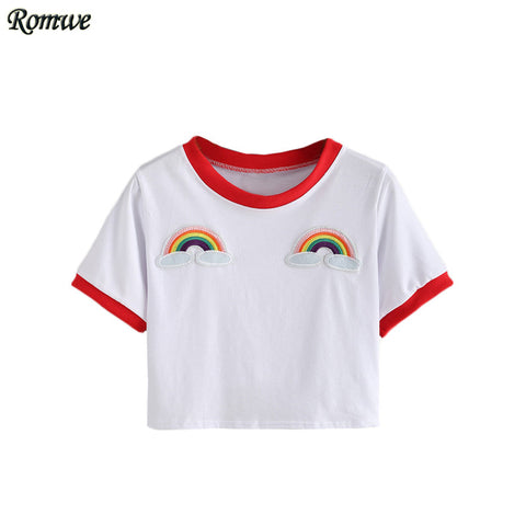 ROMWE Contrast Trimmed Rainbow Patch Crop Tees Summer Woman T shirts 2016 Fashion Round Neck Short Sleeve White Casual T-Shirt