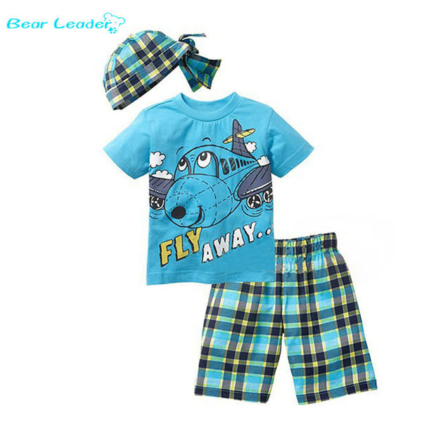 Bear Leader Active boys sets boy shorts Cartoon suits summer short sleeve T-shirt + plaid pants + hat 3 pieces clothing set