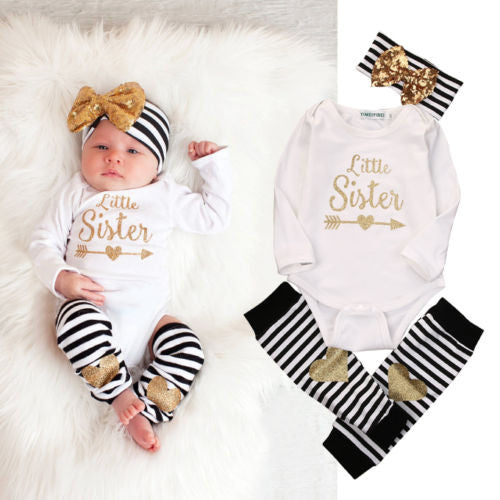 0-18M Newborn Baby Girls Clothes Little Sister Long Sleeve Bodysuit Romper Striped Leg Warmer Bow Hairband 3pcs Kids Clothing