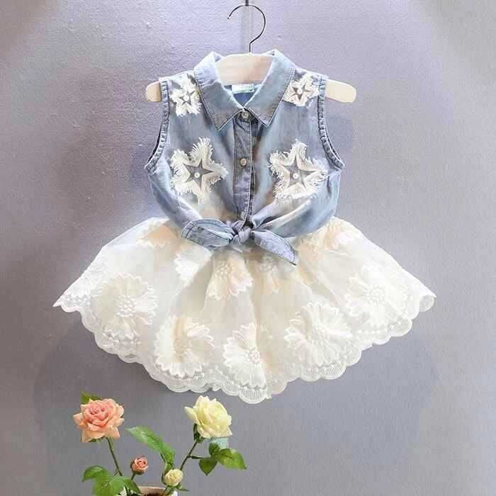babymmclothes clothing set The new girls denim vest+ white chiffon skirt girls clothes