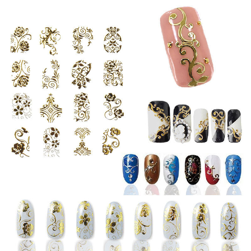 Hot Gold 3D Nail Art Stickers Decals,108pcs/sheet Top Quality Metallic Flowers Mixed Designs Nail Tips Accessory Decoration Tool