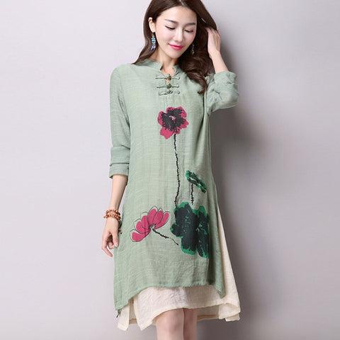 2016 Spring New Women's National Wind Casual Long-Sleeved Cotton Linen Dress Plus Size Long Linen Dresses Simple Printing CX002