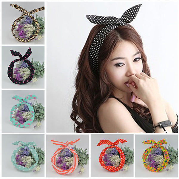 1Pc Cute Leopard Dots lip print flower Bunny Rabbit Ear Ribbon Headwear Hairband Metal Wire Scarf Headband Hair Band Accessories