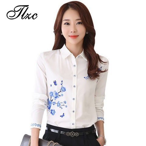 TLZC New Style Lady White Shirts Formal Work Blouse Size S-3XL Korean Women Printed Shirts Chiffon Blouse Slim Fit Lady Shirts