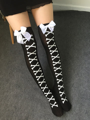 Women Sexy Cosplay Striped Knee stockings Japanese Printed Thigh High stockings Women Knee Pantyhose Skeleton