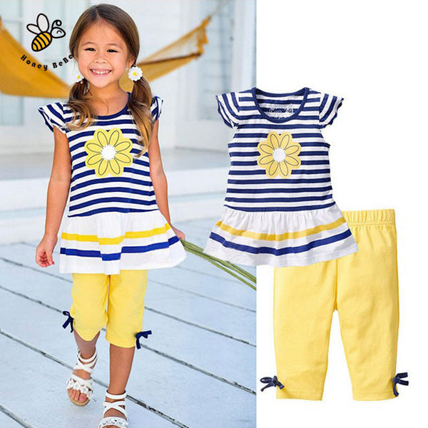 Summer Flower Girls Clothing Sets Baby Kids Clothes Suit Striped Short Sleeve T-shirt + Pants Girls Clothes Children Clothing