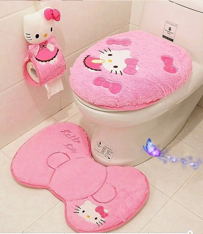 Hello kitty bathroom set toilet set cover wc seat cover bath mat holder closestool lid cover 4pcs/set  Toilet seat cushion