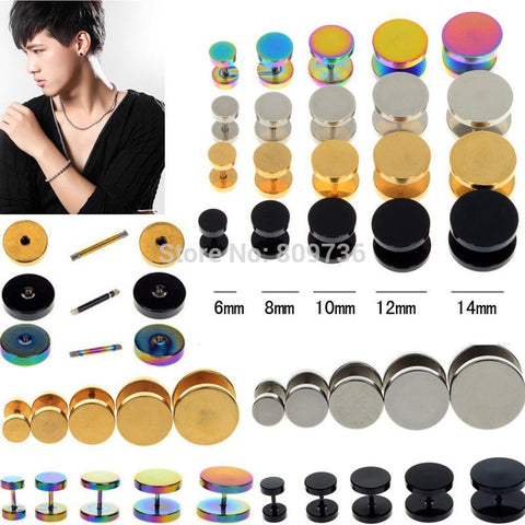 2Pcs Mens Barbell Punk Gothic 6-14mm Stainless Steel Ear Studs Fake Ear Plug Stretcher Cheater Earring Piercing Jewelry