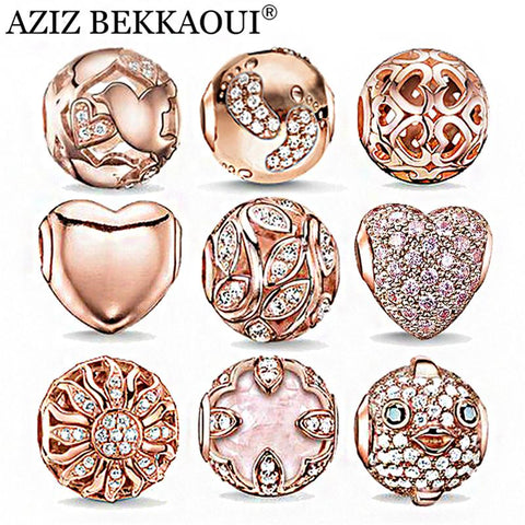 Rose Gold Crystal Beads Fit Pandora Bracelet Necklace Heart Charms Fashion Women Jewelry Big Hole DIY Beads For Jewelry Making