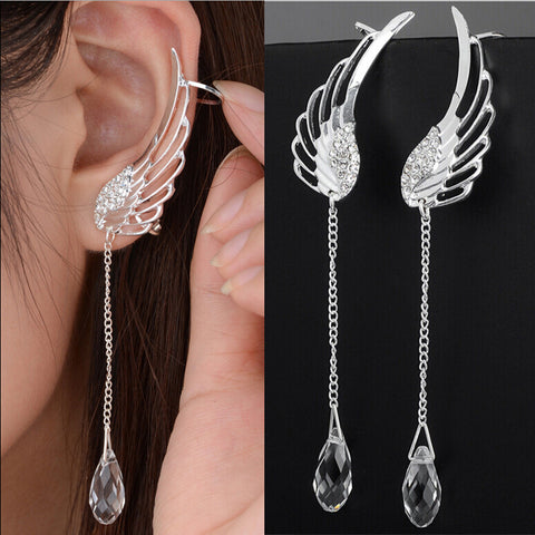 Silver Plated Angel Wing Stylist Crystal Earrings Drop Dangle Ear Stud For Women Long Cuff Earring ER623